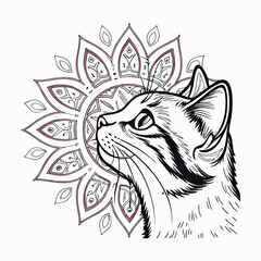 A cat's face adorned with an intricate mandala pattern, blending symmetry and elegance. Detailed lines create a mesmerizing, calming design with feline charm.