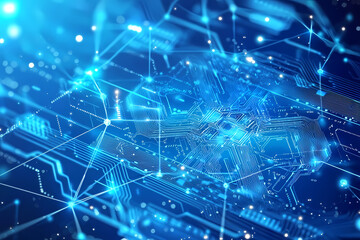 An intricate vector illustration of a blue circuit board with futuristic digital tech elements.