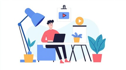 Home office setup with a person working on a laptop surrounded by plants., social media content creator concept