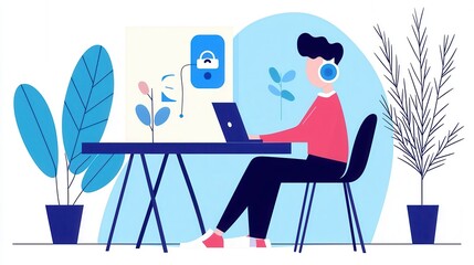 Person working on a laptop with headphones in a modern, plant-filled workspace., social media content creator concept