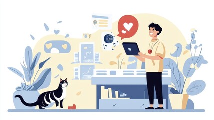 A person working on a laptop with a cat and plants in a cozy setting., social media content creator concept
