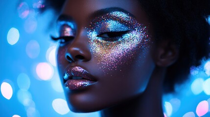 Glittery makeup, woman, studio, bokeh, beauty