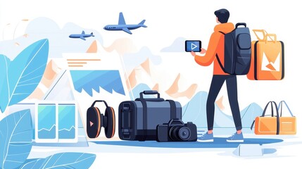 Obraz premium Traveler with luggage looking at a device in an illustrated airport setting., social media content creator concept