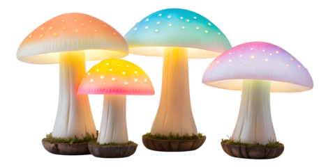 Glowing Mushrooms Cluster in Bright Colors for Magical and Fantasy Environments, PNG Transparent