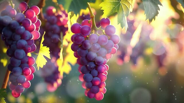 Seamless Looping 4K Video Animation Background of a Vineyard with Ripe Purple Grapes Hanging from the Vines in Warm Golden Sunlight