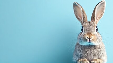 Obraz premium Fluffy Rabbit Surrounded by Colorful Speckles on a Solid Blue Background