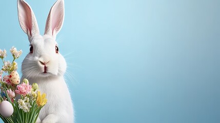 Obraz premium Fluffy White Rabbit Holding Bouquet of Colorful Spring Flowers Against Soft Blue Background