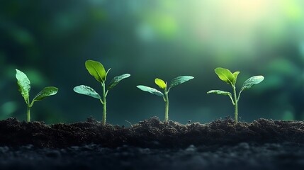 Four young seedlings growing in rich soil