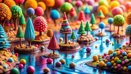 Naklejka premium Whimsical Candyland: Macro Photography of Colorful Candy Trees & River