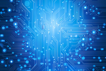 An intricate vector illustration of a blue circuit board with futuristic digital tech elements.