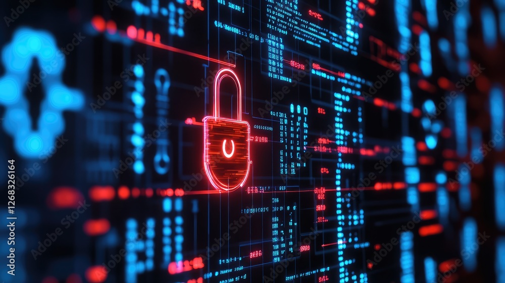 Poster a cyber security concept with a digital dna lock symbolizing biometric encryption. minimalistic back