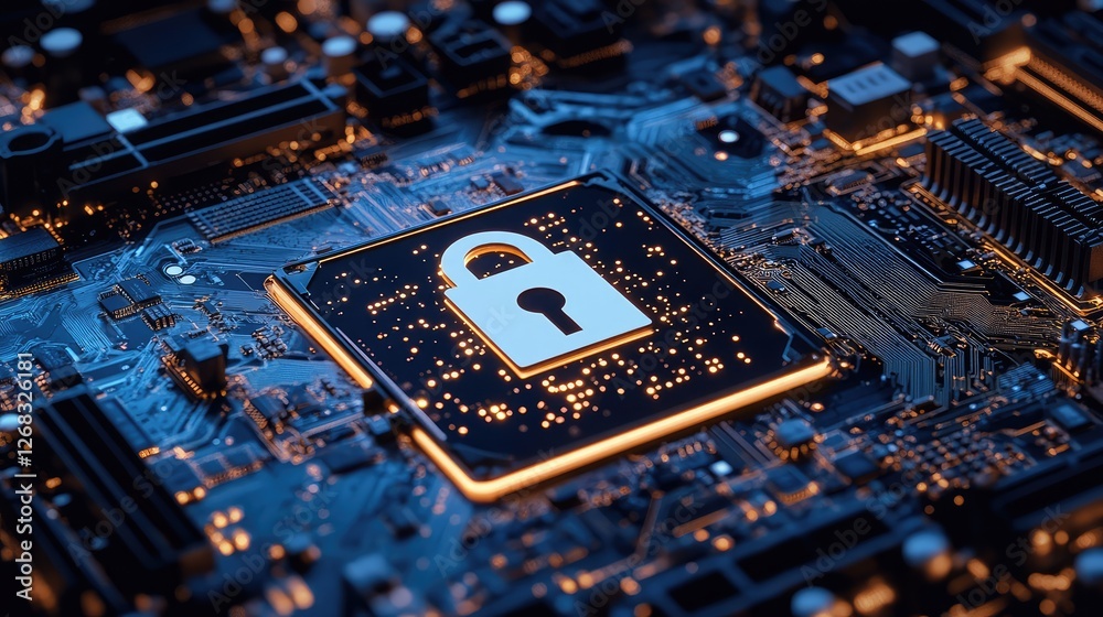 Poster a cyber security lock hovering above a motherboard, representing encrypted system security. copy spa