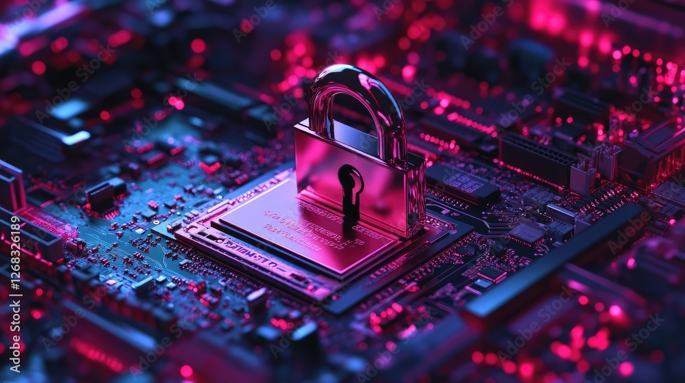 Poster a cyber security lock hovering above a motherboard, representing encrypted system security. copy spa