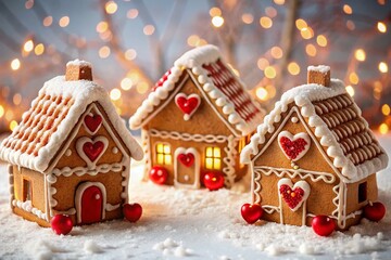 Obraz premium Whimsical Gingerbread Houses with Hearts: Festive Holiday Celebration Stock Photo