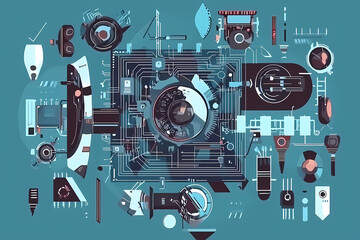 Obraz premium An intricate vector illustration of a blue circuit board with futuristic digital tech elements.