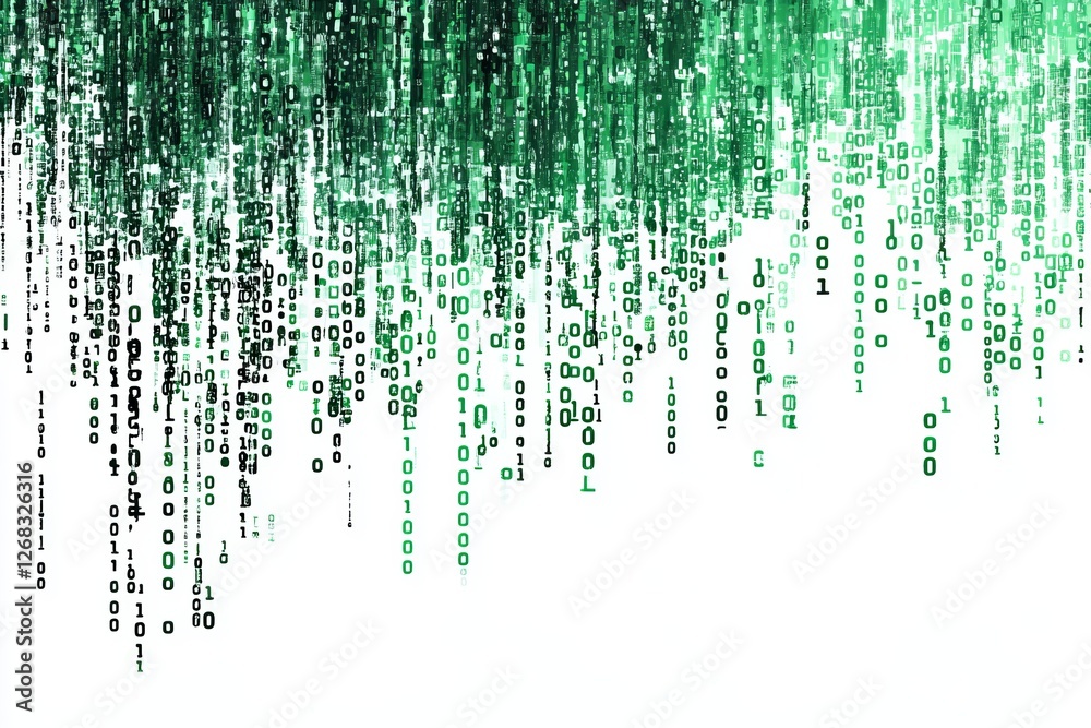 Fototapete green binary code stream cascading on white background