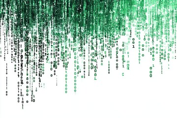 Green binary code stream cascading on white background