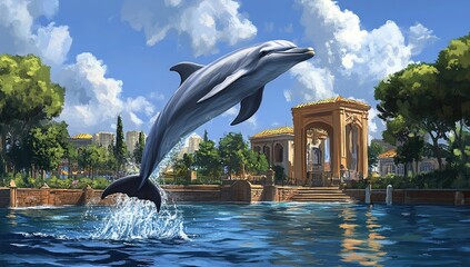 Dolphin Leaps High Above Water near Ancient Architecture under a Sunny Sky