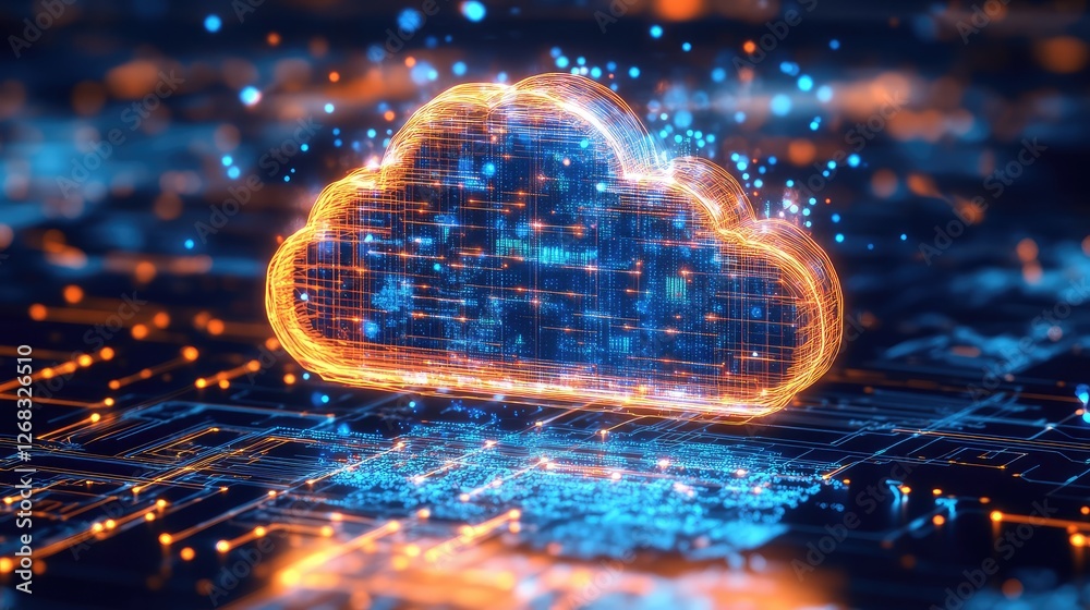 Poster a digital cloud computing concept with glowing network connections floating above a circuit board, p