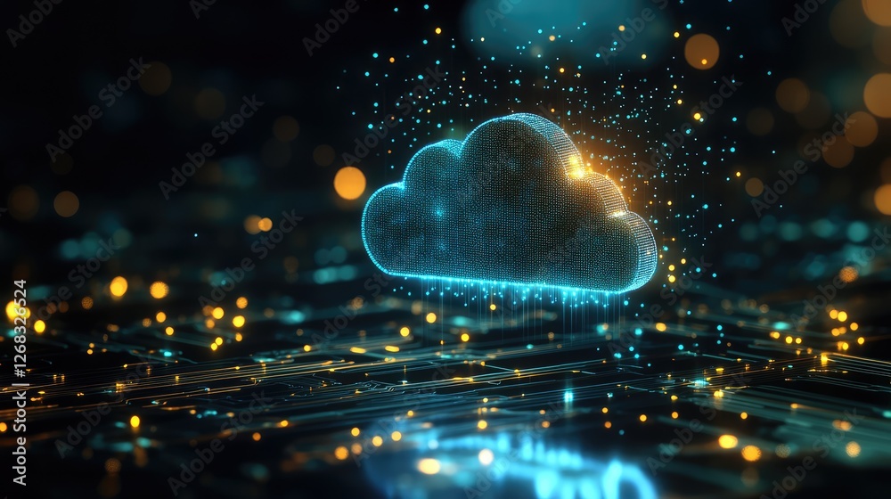 Poster a digital cloud computing concept with glowing network connections floating above a circuit board, p