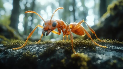 Close-up of an orange ant in a forest