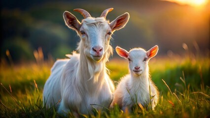 Obraz premium White Goat and Kid in Low Light, Tender Farm Animals at Dusk