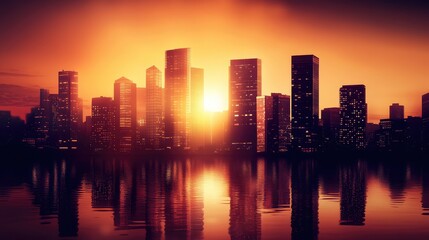 Fototapeta premium A dramatic silhouette of a city skyline with tall business buildings against a glowing sunset, symbolizing corporate success and finance. Copy space included.