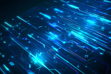 An intricate vector illustration of a blue circuit board with futuristic digital tech elements.