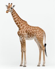 Fototapeta premium Lifelike Giraffe Standing Upright with Distinctive Spots Against a White Background