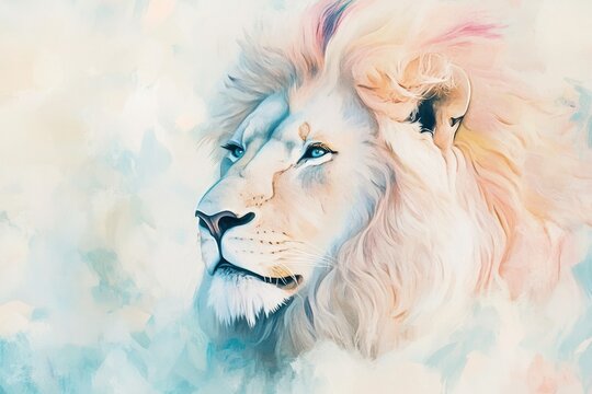 A tranquil abstract lion portrait in soft pastel colors, with fluid brushstrokes creating a dreamy and calming wallpaper.
