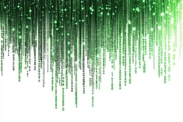 Green digital rain, binary code, data stream, white background, tech backdrop