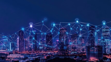 A futuristic city skyline with digital connections linking buildings, symbolizing business networking. Copy space included.