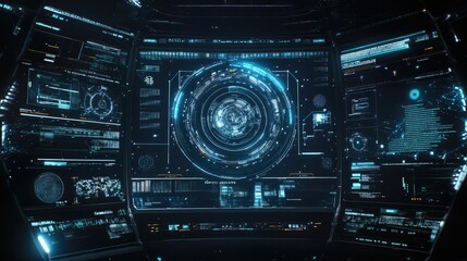 Fototapeta premium A futuristic digital interface with glowing abstract data patterns and virtual elements floating in space. Room for tech-related text and icons.