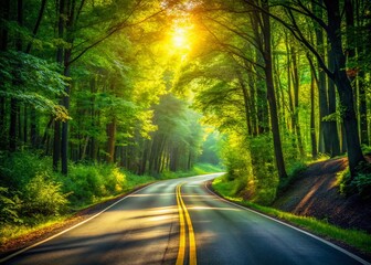 Winding Forest Road: Lush Green Canopy & Asphalt Lanes - High-Resolution Stock Photo