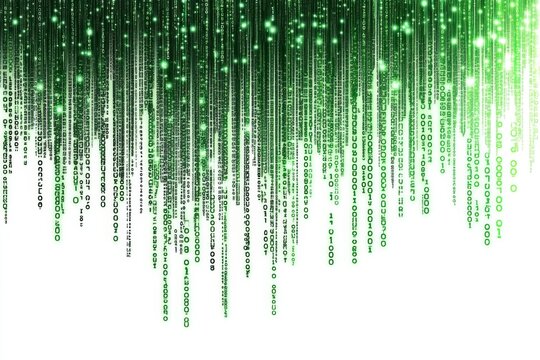 Green digital rain, binary code, data stream, white background, tech backdrop