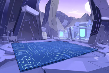 An intricate vector illustration of a blue circuit board with futuristic digital tech elements.