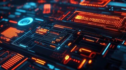 Obraz premium A futuristic tech concept with a glowing digital grid and abstract floating technology symbols. Copy space included.