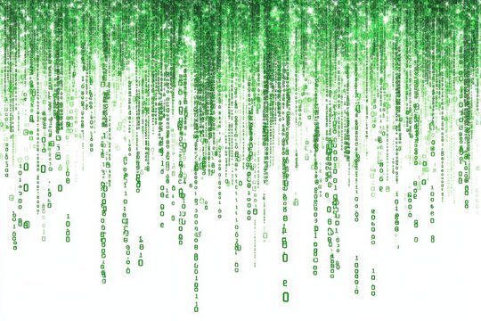 Green digital rain falling on white background, data stream, website banner (1)