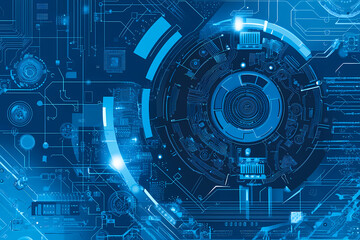 An intricate vector illustration of a blue circuit board with futuristic digital tech elements.
