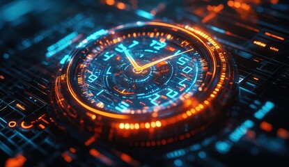 Futuristic Clock Displays Time with Glowing Neon, Digital Interface Shows Precise Timekeeping, Advanced Technology Watch Design