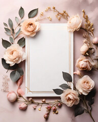 Blank wedding invitation surrounded by watercolor flowers.