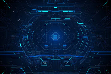 An intricate vector illustration of a blue circuit board with futuristic digital tech elements.