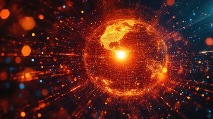 Obraz premium A glowing holographic globe surrounded by abstract lines, representing digital technology and global communication. Copy space included.