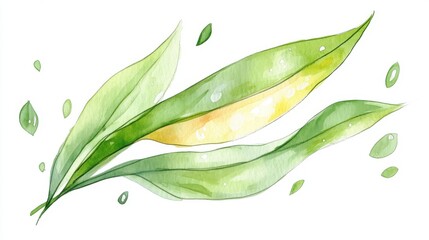 A beautifully illustrated watercolor of green leaves with yellow accents, capturing the essence of nature and tranquility in art.