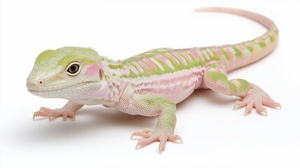 Obraz premium Pastel Gecko Close Up with Pink and Green Scales on a Clean White Background