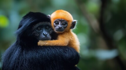 Fototapeta premium A heartwarming scene of a black monkey gently holding an orange monkey, showcasing the bond between mother and child in a vibrant green forest setting.