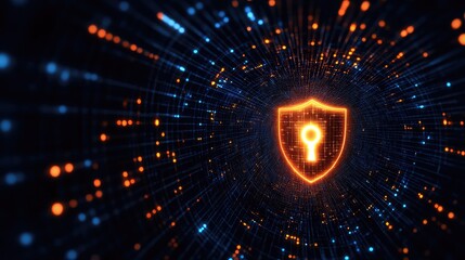 A glowing shield with a keyhole inside a digital tunnel, symbolizing secure internet browsing and online privacy. Copy space available.