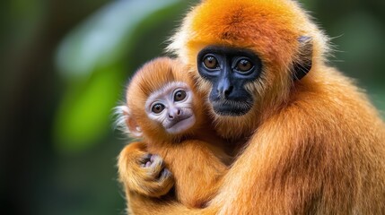 A heartwarming scene of a mother monkey holding her baby, displaying the deep bond and affection between them in a lush, green environment.