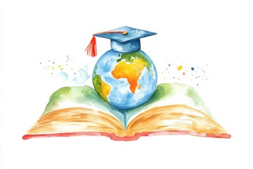 A colorful illustration of an open book with a globe wearing a graduation cap, symbolizing education and global knowledge.