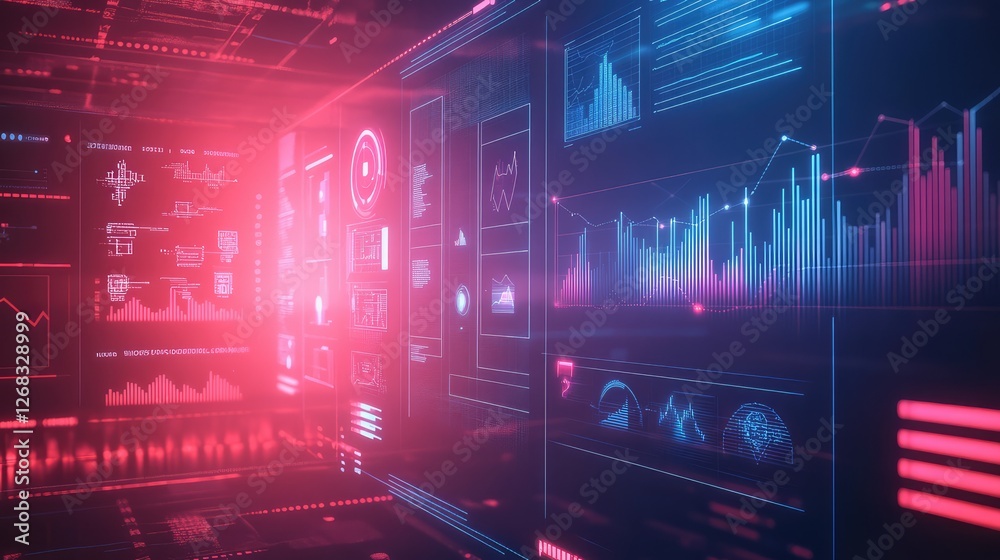 Poster a high-tech digital display with floating graphs and technology icons on a glowing background. room 